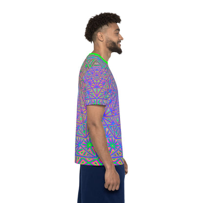 Close-up of the sleeve area on the "Flower of Tron" men's sport tee print.