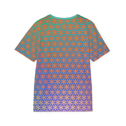 Men's sport tee in the Flower de Life sacred geometry all-over print design, close-up of the print.