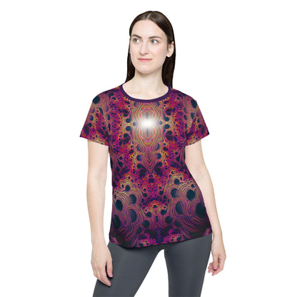Angled view of the women's sport tee highlighting the "Fractaleon" design colors.