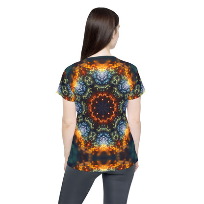 Close-up of the print detail of the Fractal Flower Mandala design on the women's sport tee.