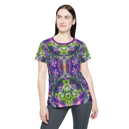 Women's sport tee in the Emergence Pattern psychedelic all-over print design, angled view.