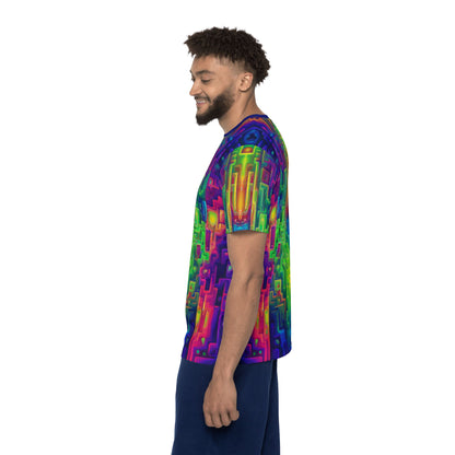 'Galaga' sport tee for men, viewed from above laid flat.