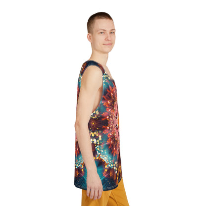 Corner detail shot of the Reaching for Light print along the men's tank top hem.