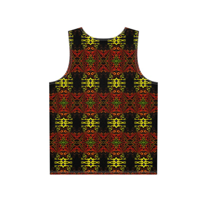 Angled view of a men's tank top featuring the 'Voaconga' print.