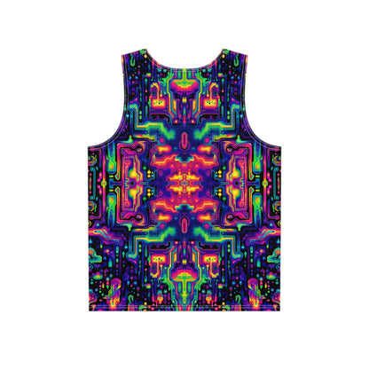 Close-up of the Space Invaders print on the men's tank top fabric.