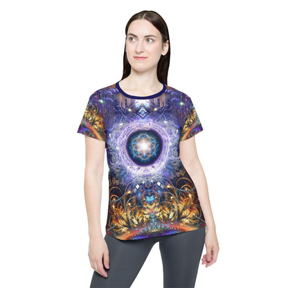 Angled view of the "Immortal Truth" print women's sport tee.