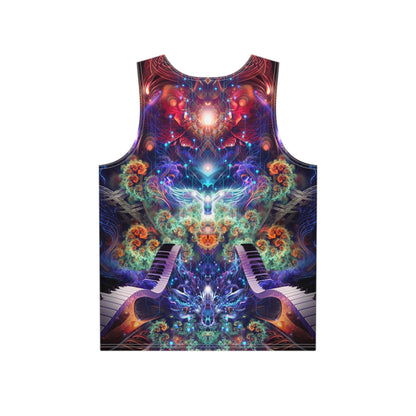 Angled view of the 'Magnus Opum' all-over print covering this men's tank top.