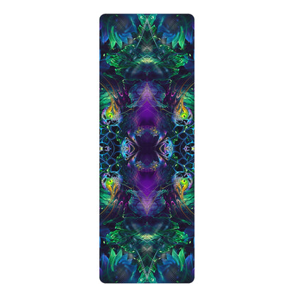 Awakened yoga mat laid flat against a plain white background, showing its full psychedelic print design.