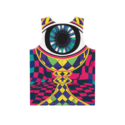 Close-up of the All Seeing Checkers print detail on the men's tank top fabric.