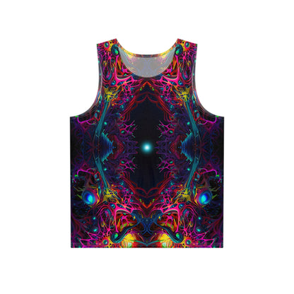 Front view of The Peculiarity men's tank top, full all-over print visible.
