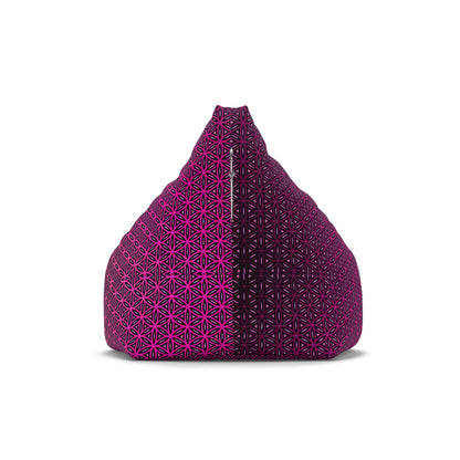 Side angle of the Pink Flower of Life bean bag chair cover showing its rounded shape.