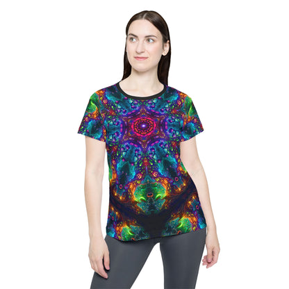 Close-up of the print detail of the Fungus Amongus Mandala design on the women's sport tee.