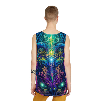 Corner detail of the Orchidious tank top print and stitching.