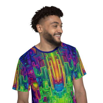 'Galaga' sport tee for men, side view showing the full-length print.