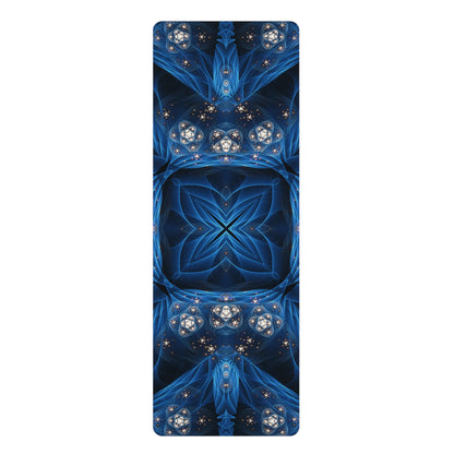 Top-down view of the Inner Sanctum yoga mat's blue fractal mandala print on a white background.