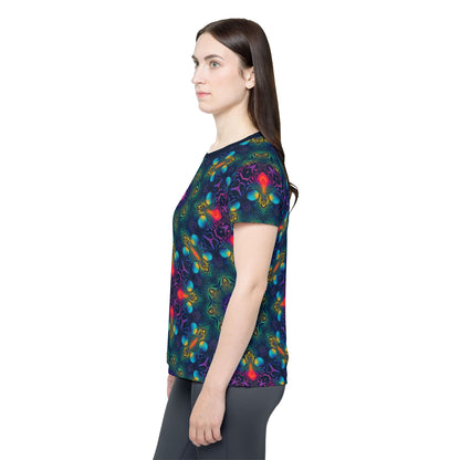 Folded Cosmic Fingerprint V2 women's sport tee showing the fabric texture.