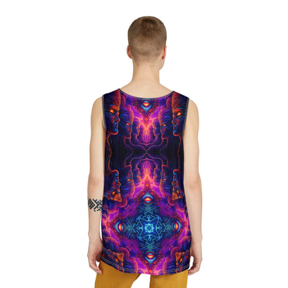 Corner detail of The Watchers print on a men's tank top.