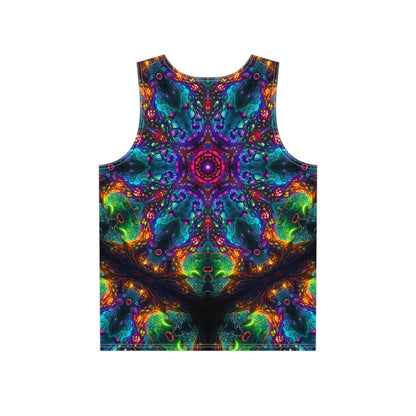 Close-up of the Fungus Amongus Mandala graphic printed on the tank top fabric.