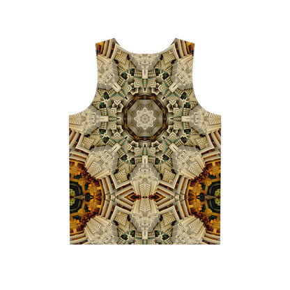 Angled view of the 'Mayan Web' all-over print covering this men's tank top.