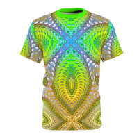 Front view of the Activation Initiated all-over-print tee with a bright green fractal mandala design.
