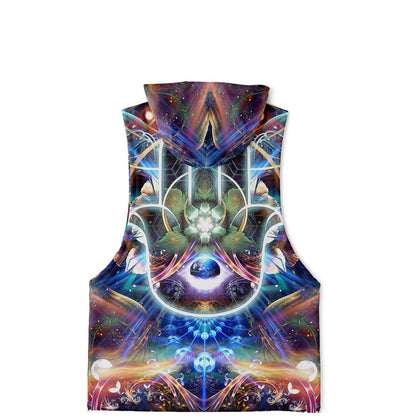 Flat lay of the back of the “Divine Protection” all-over-print sleeveless hoodie, showing the full back print.