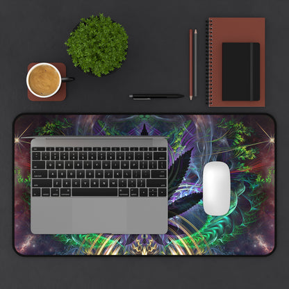 Full view of the "Heightened Stroll" leaf desk mat surface and cannabis leaf design.