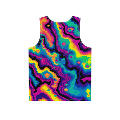 Close-up of the print detail on the 'Digiheat' men's tank top.