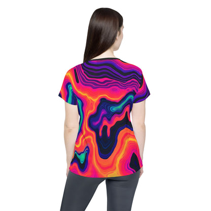 Women's sport tee in the Drizzle psychedelic all-over print design, front view.