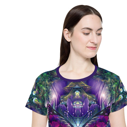 Women's sport tee in the Emergence psychedelic all-over print design, laid flat.