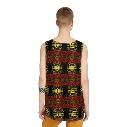 Corner detail of a men's tank top with the 'Voaconga' artwork.