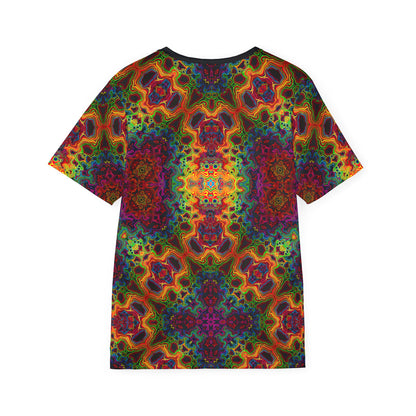 Angled view of the Lysergic Burst men's sport tee highlighting the print pattern.