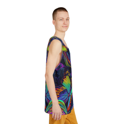 Model wearing the Psychedelic Butterfly men's tank top with the trippy butterfly print visible.