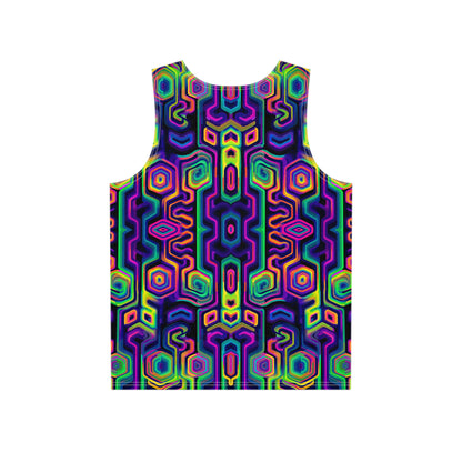 Back flat lay of the 'Tripnotist Flip' men's tank top with the print continuing across the fabric.