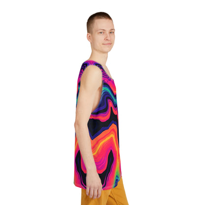 Corner detail of the psychedelic print on the 'Drizzle' men's tank top.