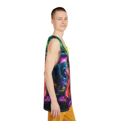 Flat lay of the Fungal Abyss men's tank top laid out to show the full print.