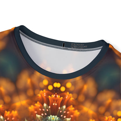 Side view of the Fractal Flower Mandala V2 print on the men's sport tee.