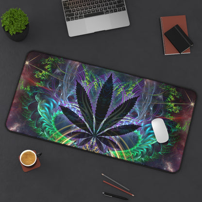 The "Heightened Stroll" leaf desk mat on a dark desk with a laptop and coffee cup.