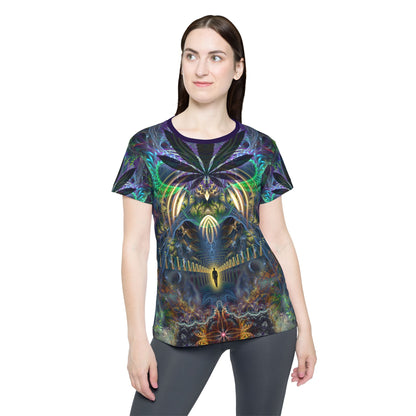Angled view of the "Heightened Stroll" print women's sport tee.