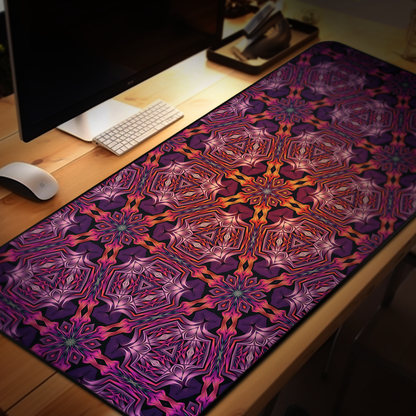 Flat view of the Forged In Neon desk mat, electric fractal print in full.