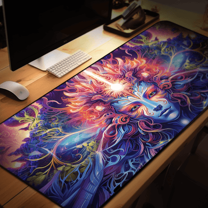 Flat view of The Sacred Vine Face Section desk mat, vine and face linework across the full print.