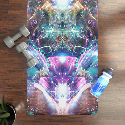 Corner close-up of the Medicina yoga mat showing print detail and rubber edge.