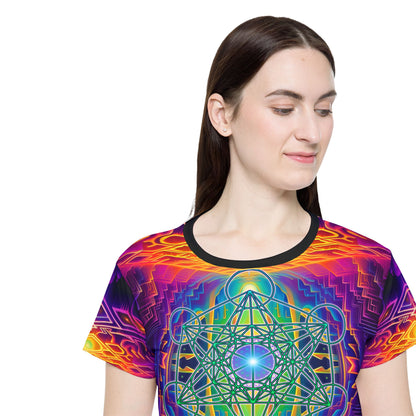 Side angle of the "Focused Thought" women's sport tee highlighting the print pattern.