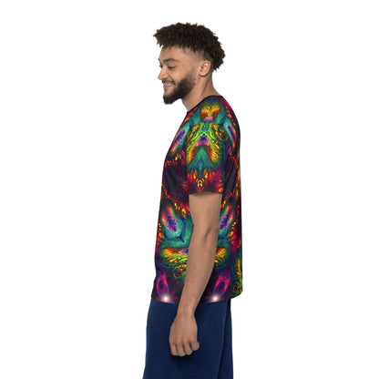 Side angle of the Seed of Knowledge Mandala sport tee showing the sleeve print.