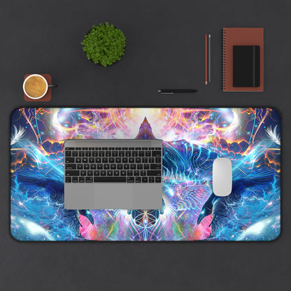 Soul Seeker desk mat laid flat on a wood desk surface