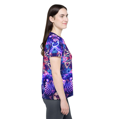 Women's sport tee in the Flow State psychedelic all-over print design, detail of the all-over print.