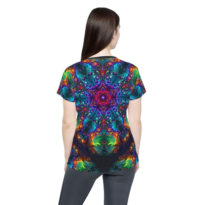Flat lay of the women's sport tee showing the Fungus Amongus Mandala print.