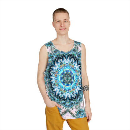 Angled view of the Return to Purity men's tank top highlighting the print and cut.