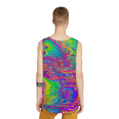 Angled view of the 'UV Bleed' men's tank top showing the print and fit.