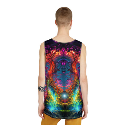 Side angle of The Elixir men's tank top, showing the regular cut and fit.