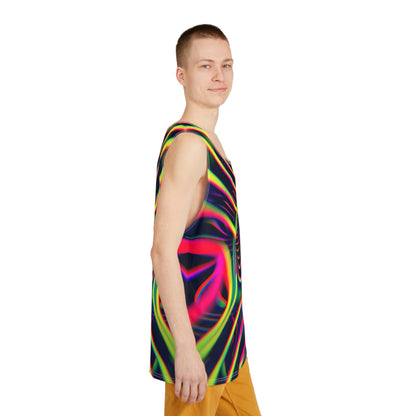 Model wearing the Psychedelic Tracers V2 men's tank top with the psychedelic print visible.